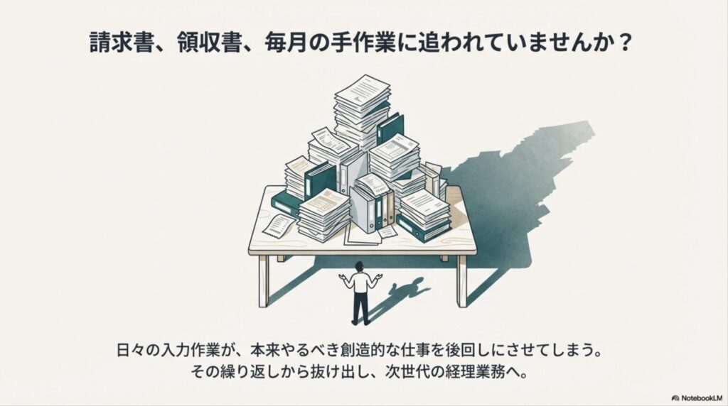 山積みになった書類を前に途方に暮れる担当者のイラストと、n8n・freeeによる自動化から自律化への転換を提案する