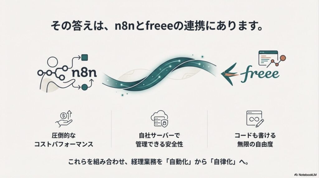 山積みになった書類を前に途方に暮れる担当者のイラストと、n8n・freeeによる自動化から自律化への転換を提案する