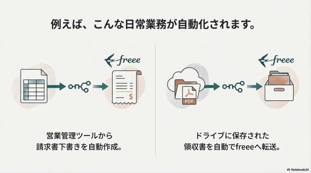 営業管理ツールからの請求書下書き作成や、ドライブの領収書を自動でfreeeへ転送するワークフローのイメージ図