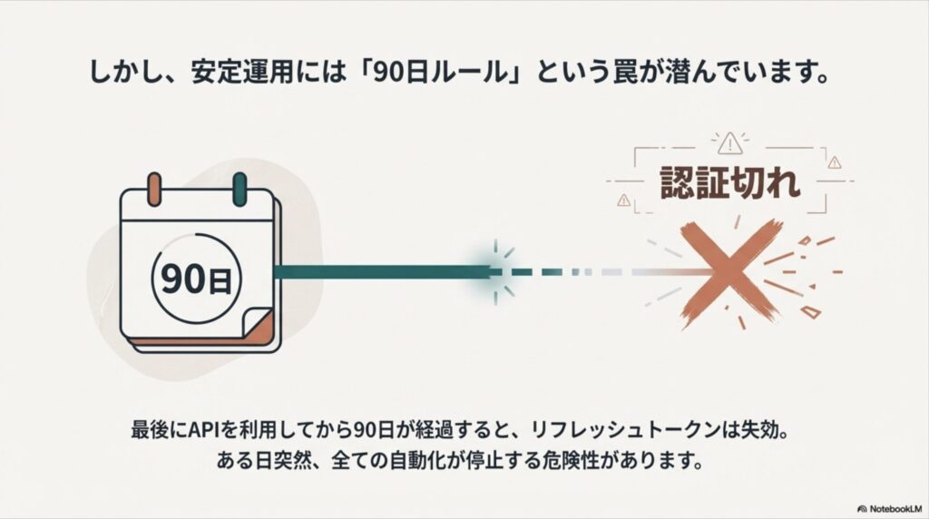 最後にAPIを利用してから90日で認証が切れるリスクと、週に一度の自動実行（ハートビート）で有効期限を延長する仕組みの解説