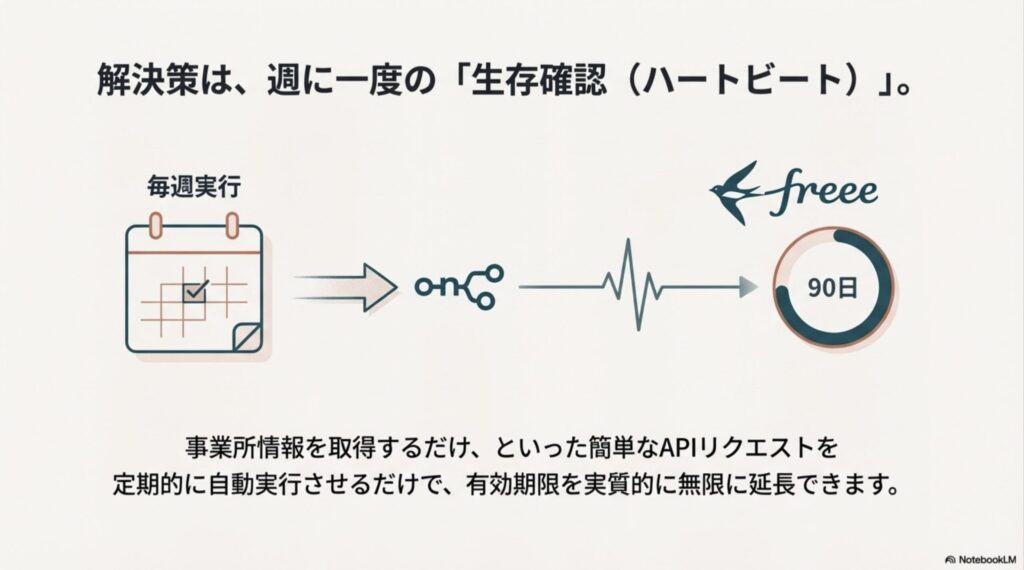 最後にAPIを利用してから90日で認証が切れるリスクと、週に一度の自動実行（ハートビート）で有効期限を延長する仕組みの解説