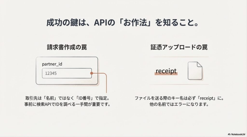 取引先をID番号で指定することや、ファイルアップロード時のキー名を「receipt」に指定する必要性を説明する