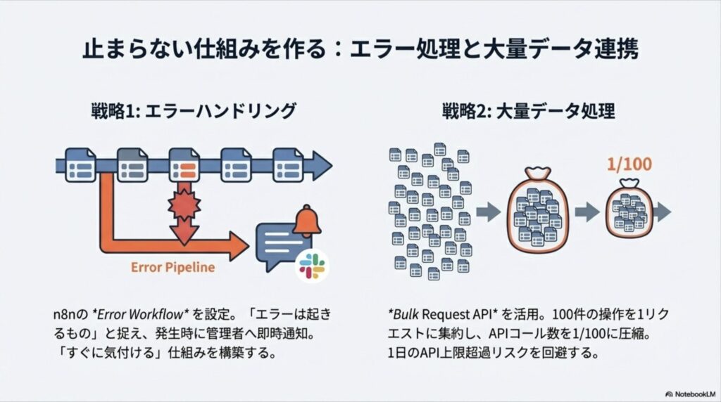 Error Workflowによる即時通知と、Bulk Request APIによるAPIリクエスト回数の圧縮（1/100）を説明するスライド
