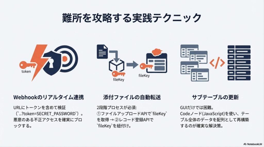 Webhookのトークン検証、添付ファイルの2段階アップロード、Codeノードによるサブテーブル再構築の手順をまとめた