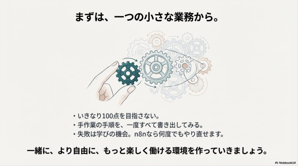小さな業務から始めることや、手作業の書き出し、失敗を学びとする姿勢を推奨するまとめ