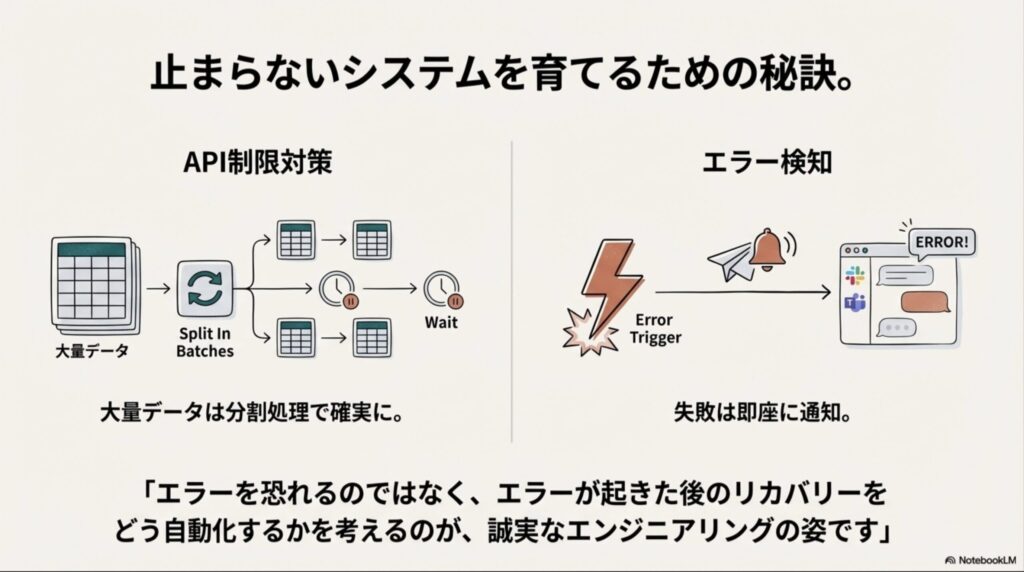 大量データをバッチで分割処理する方法や、Error Triggerを使って失敗を即座に通知するリカバリー設計の図解