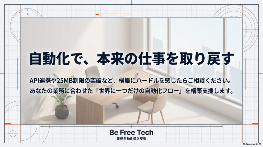 自動化で本来の仕事を取り戻すための、Be Free Techによる個別ワークフロー構築支援の案内