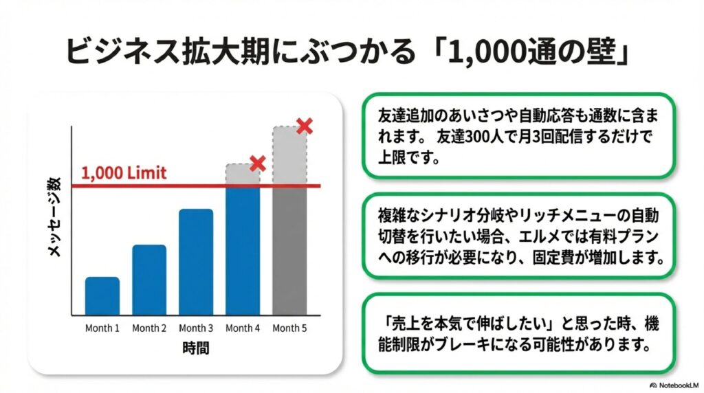 エルメのフリープランにおける月間1,000通制限のグラフ。友達数が増えるとあいさつメッセージや自動応答で上限に達しやすくなるリスクの解説。