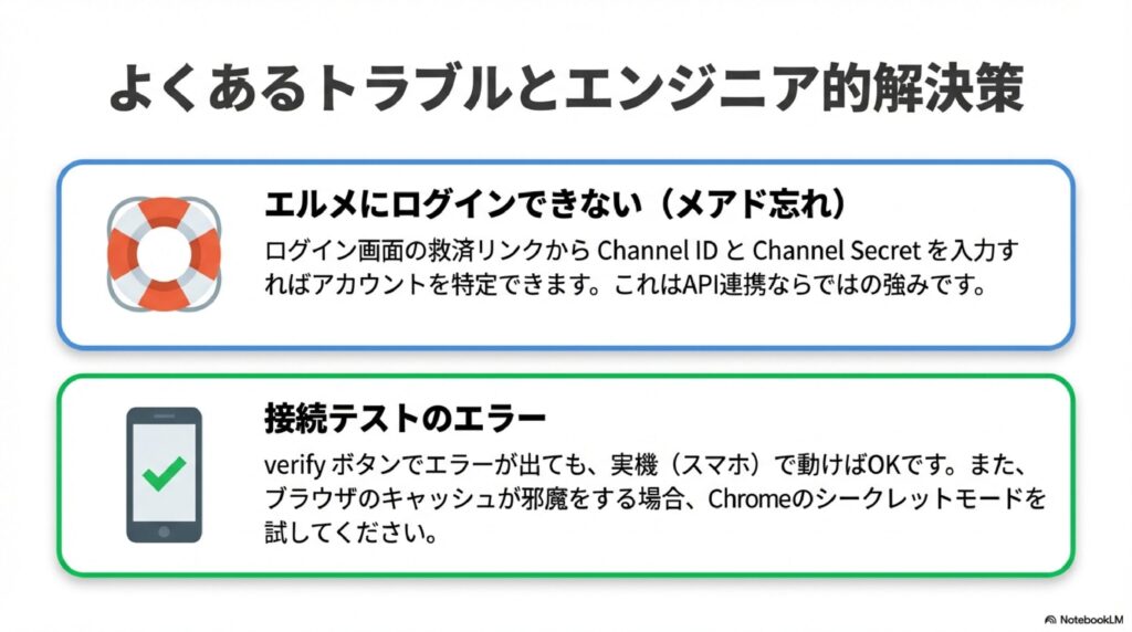 エルメにログインできない場合の救済策。Channel IDとSecretを使ったアカウント特定方法や、接続テストエラー時のシークレットモード活用のヒント。