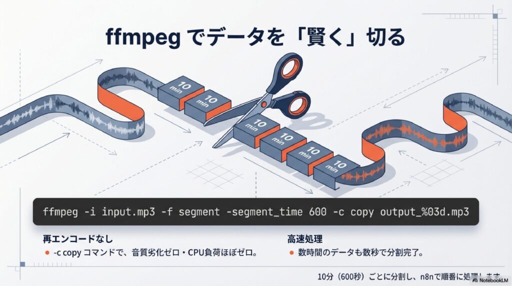 ffmpegコマンドを使用して音声ファイルを10分ごとに再エンコードなしで高速分割するイメージ
