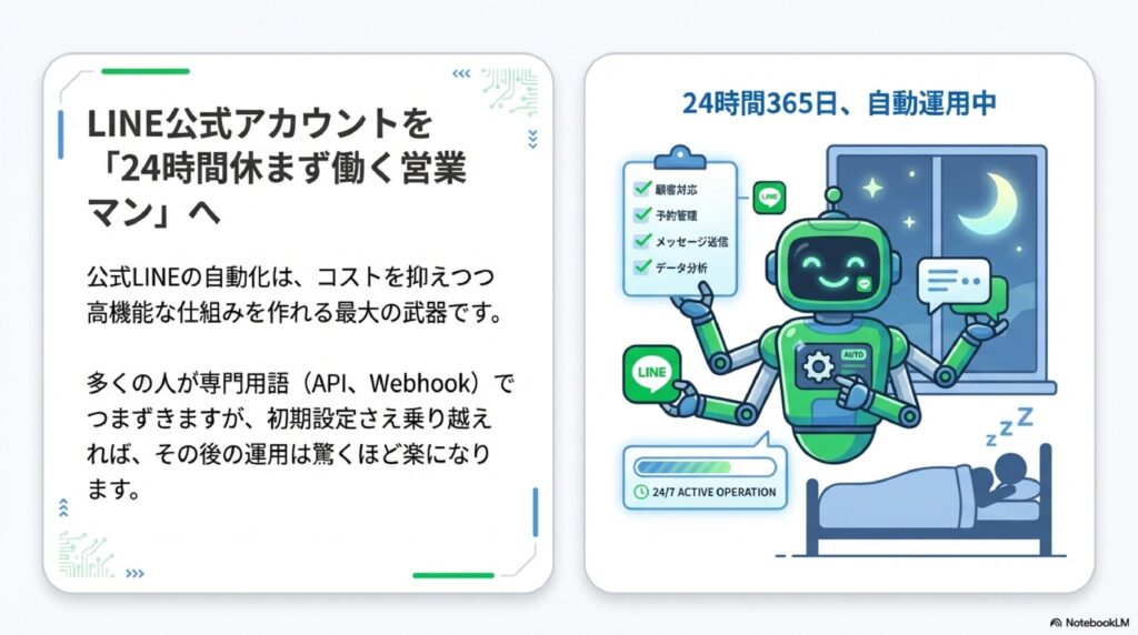 LINE公式アカウントを24時間休まず働く営業マンへ進化させる自動運用のイメージ図。顧客対応や予約管理、データ分析を自動化するロボットのイラスト