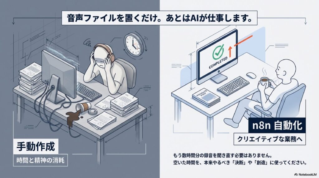 手動での文字起こしによる消耗と、n8n自動化によるクリエイティブな業務への転換の比較図