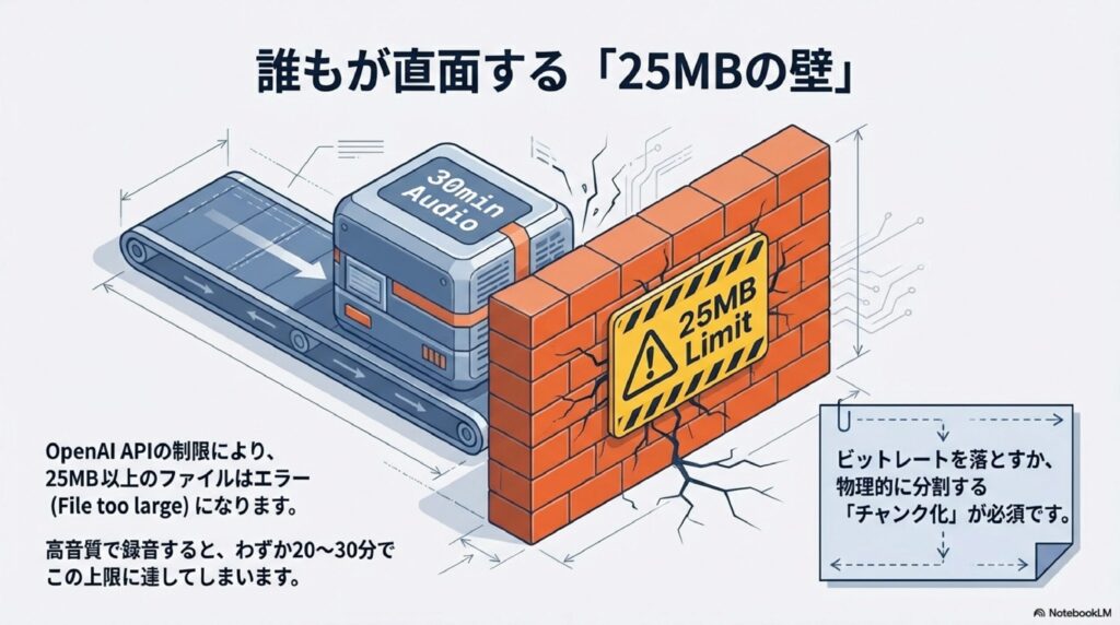 OpenAI APIの25MBファイルサイズ制限によるエラーと、解決策としてのチャンク化の必要性