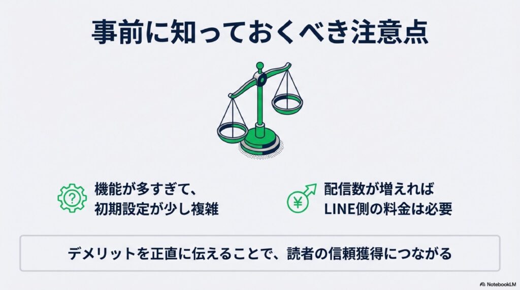 初期設定の複雑さやLINE側の料金発生など、信頼獲得のために知っておくべきデメリットのまとめ