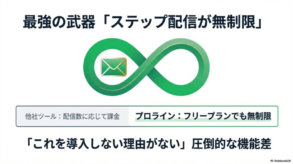 他社ツールは配信数に応じて課金されるのに対し、プロラインはフリープランでもステップ配信が無制限であることの比較図