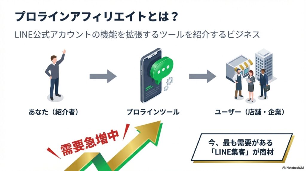 LINE公式アカウントの機能を拡張するプロラインツールと、需要が急増しているLINE集客ビジネスについての図解