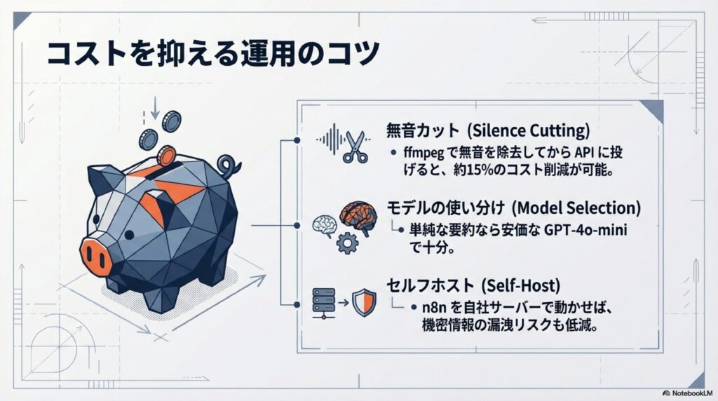 無音カットによるコスト削減、安価なモデルの使い分け、セルフホストによるリスク低減のまとめ