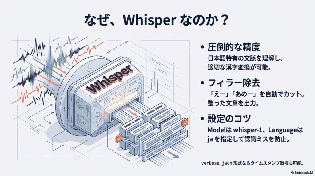 Whisperの圧倒的な精度、フィラー除去機能、およびn8nでの設定パラメータ（ja指定）の解説